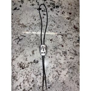 Vintage Silver Sunface Mask Bolo Tie, Braided Leather, Southwestern